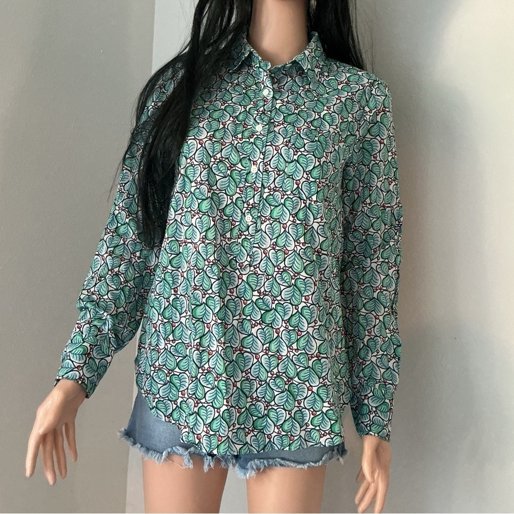 J. Crew Green and White Floral Button-Down Shirt